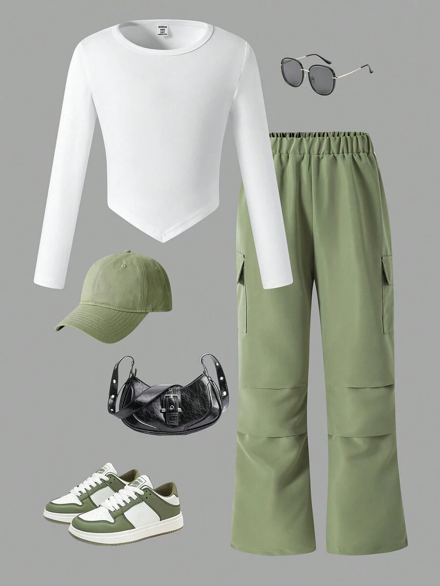 SHEIN 少女纯色长袖上衣搭配褶皱阔腿裤，秋季 - 白色 - 查看 1