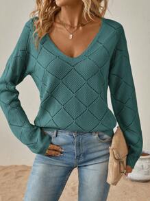 SHEIN Clasi 纯色V领休闲长袖常规毛衣、长袖上衣、秋冬针织毛衣 - 水鴨藍 - 查看 1