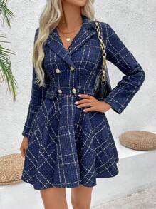 Chiquease Vestido corto de manga larga a cuadros con botones delanteros, uso diario casual - Azul - Ver 3