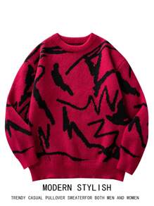 Chillumni 男士休闲宽松圆领长袖针织毛衣，秋冬款，男士图案毛衣，男士红色毛衣，男士针织毛衣，男士套头毛衣，男士冬季毛衣 - 紅色 - 查看 8