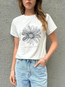 Women Floral Letter Printed Short Sleeve T-Shirt For Summer - White - View 1