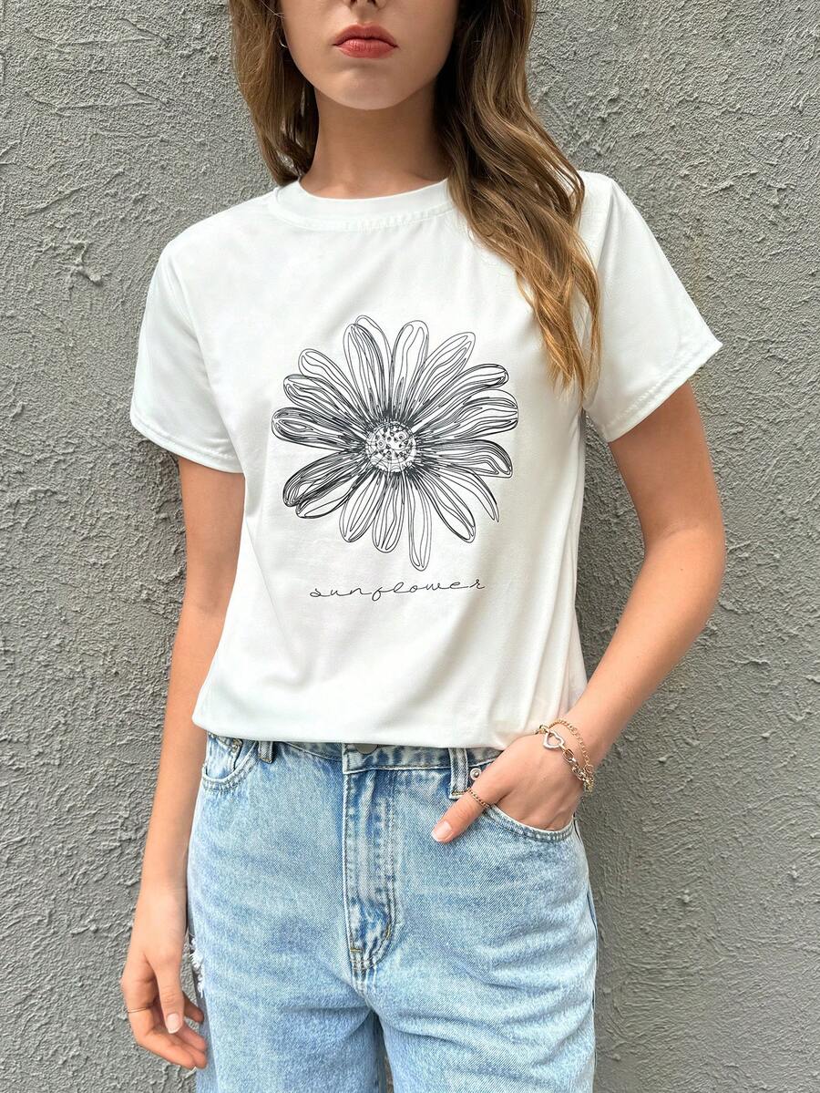 Women Floral Letter Printed Short Sleeve T-Shirt For Summer - White - View 1