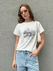 Women Floral Letter Printed Short Sleeve T-Shirt For Summer - White - View 3