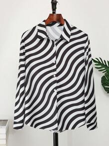 Manfinity Dauomo Camisa casual de manga larga con rayas onduladas para hombres, primavera y verano