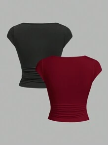 SHEIN Essnce 2 件 V 领褶皱腰休闲修身女式 T 恤 - 酒紅色 - 查看 2