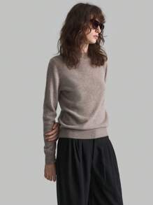 Ontre Women's Four Seasons Light Brown 100% Wool Woolen Top, Seamless Soft Knitted Wool Trade, Minimalist Style, Old Money Style Woolen Top In Fall/Winter