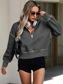 SHEIN Unity 女士秋季休闲半拉链连帽运动衫、长袖上衣 - 深灰色 - 查看 4