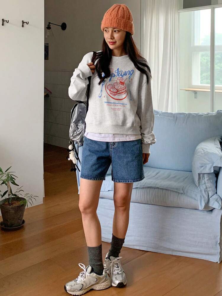 Women's Contrast Letter Print Pullover Round Neck Long Sleeve Casual Sweatshirt