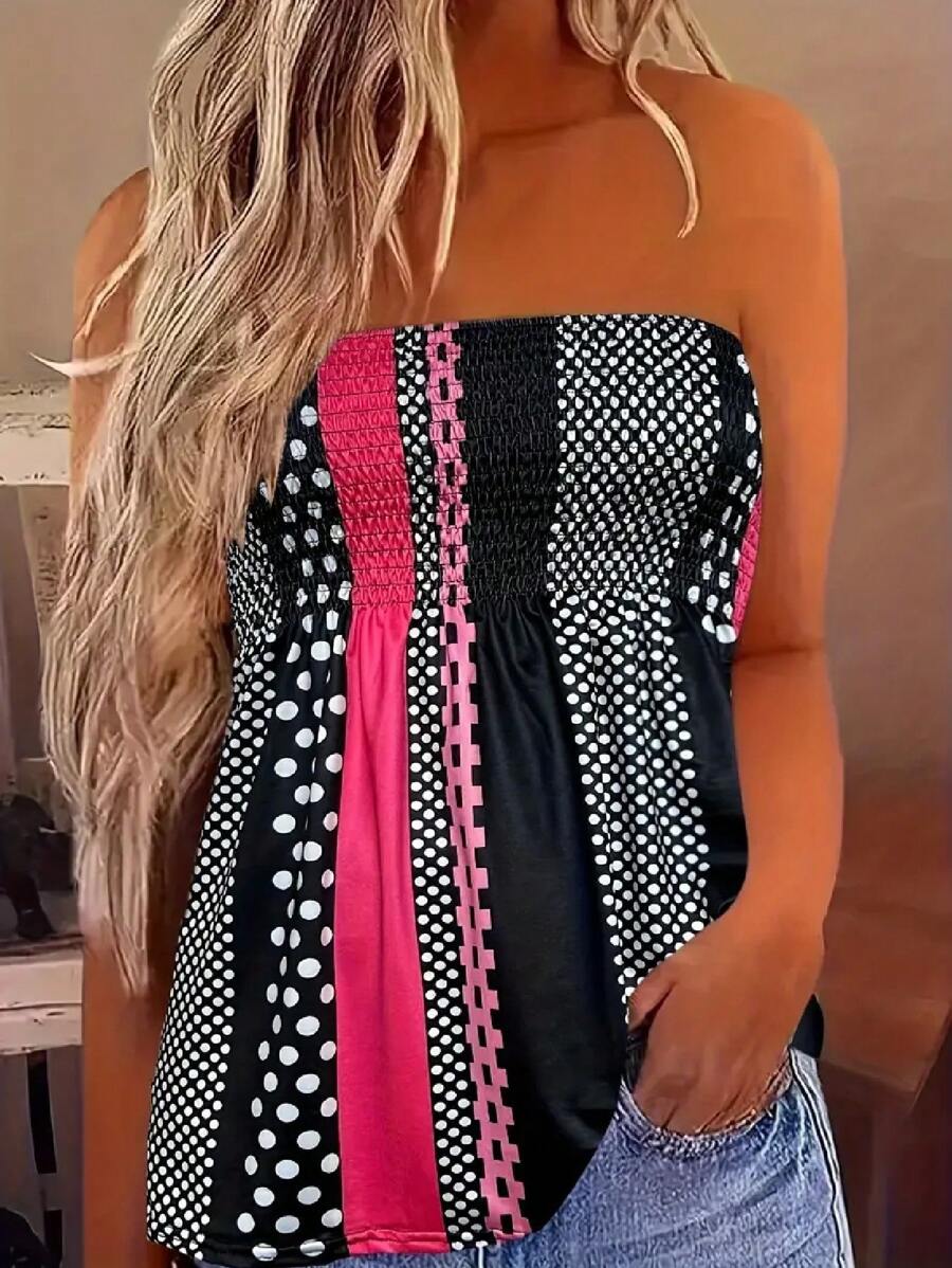 INAWLY Women's Summer Vacation Polka Dot Print Ruffle Hem Strapless Blouse - Multicolor - View 1