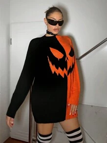 SHEIN ICON Suéter de hombros caídos con estampado de calabaza, otoño - Multicolor - Ver 3