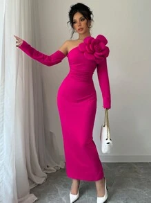 Rafferiza 女式不对称领子拼布褶皱腰收腰修身长袖优雅连衣裙长款女装 - 玫紅色 - 查看 3