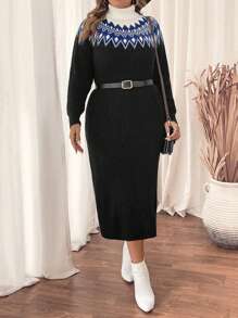 SHEIN LUNE Vestido de suéter manga larga holgado de cuello alto con patrón geométrico Fairisle negro para mujer talla grande, otoño invierno