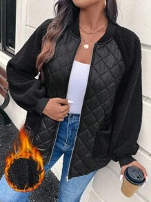 SHEIN LUNE Plus Size Baseball Jacket Style Raglan Sleeve Quilted Shearling Patchwork With Pockets, Padded Coat Winter Clothes