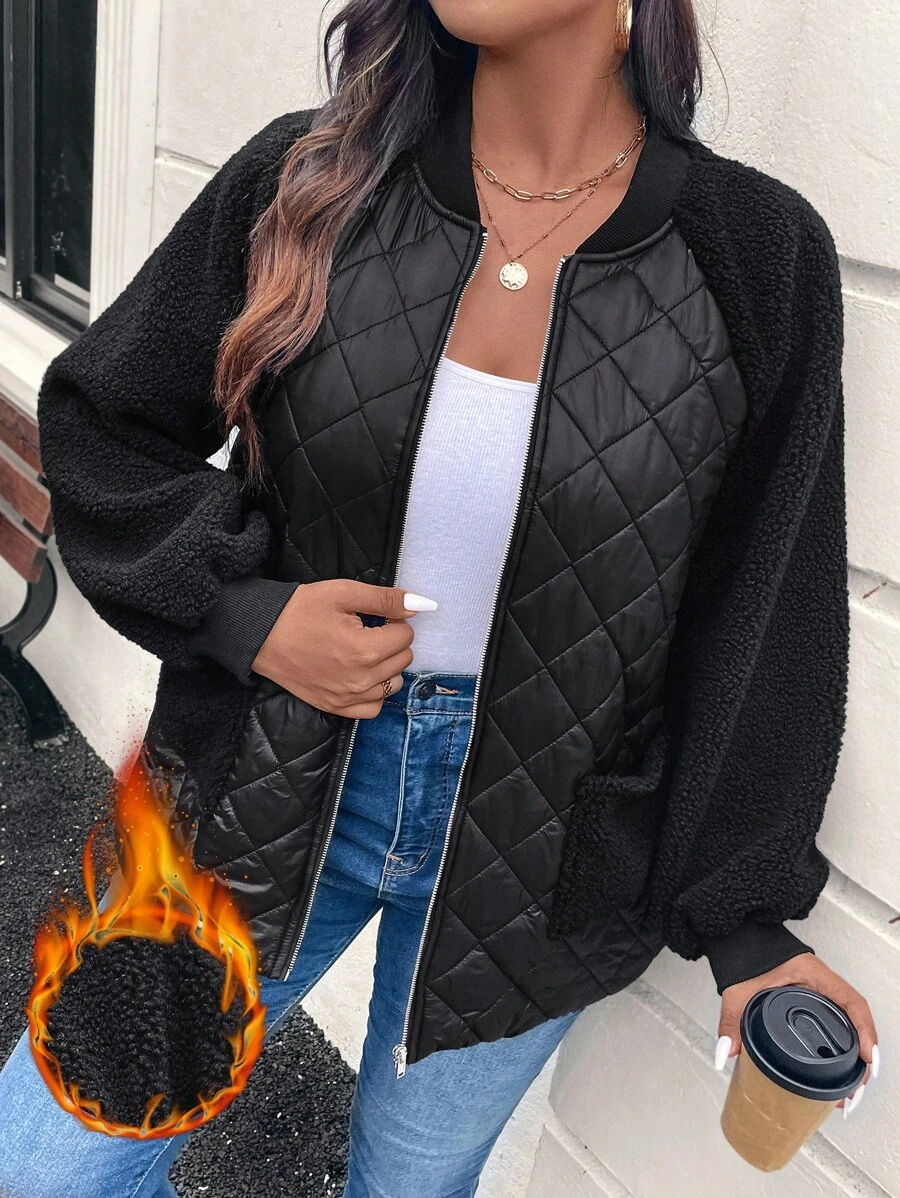 SHEIN LUNE Plus Size Baseball Jacket Style Raglan Sleeve Quilted Shearling Patchwork With Pockets, Padded Coat Winter Clothes