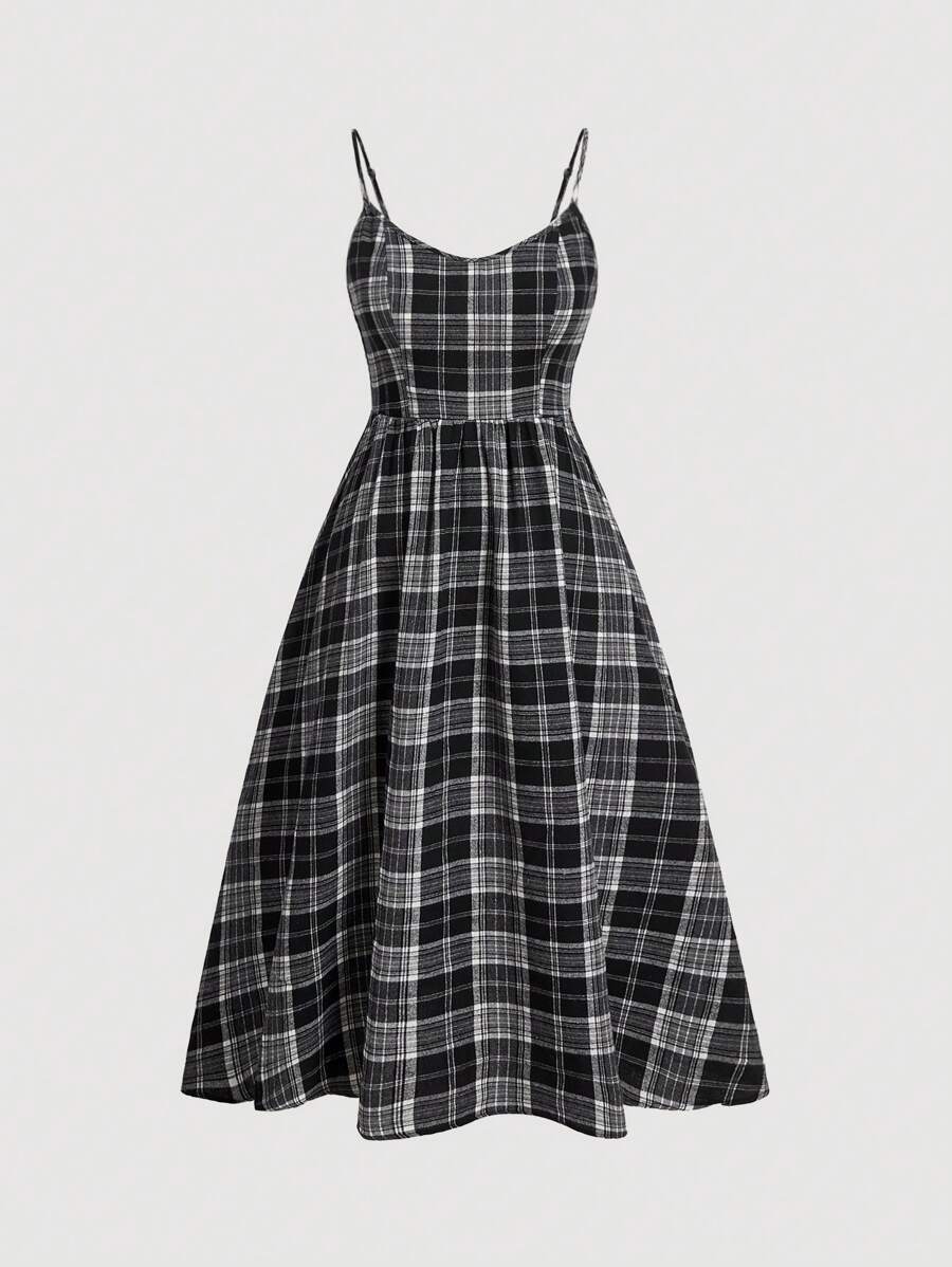 SHEIN MOD Plus Size Black Brushed Plaid Sleeveless Dress, For Summer - Black and White - View 1