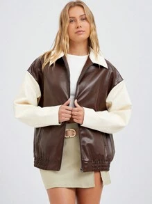 SHEIN EZwear Chaqueta de PU con cremallera y hombros descubiertos, casual y elegante - Blanco y Negro - Ver 3