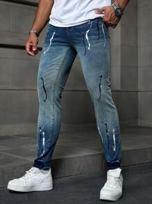 Manfinity EMRG Men's Dark Blue Washed Denim Skinny Jeans With Stretch