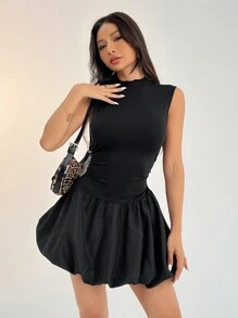 SHEIN PETITE Casual Women's Solid Color Stand Collar Summer Dress Bachelorette Dress Y2k Dress Summer Women Dresses Black Lantern Dress Hem Dress /Flower Bud Hem/Ruffle/Birthday Outfit/Bubble - Black - View 8