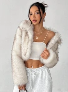 SHEIN PETITE Plush Gradient Women's Fake Fur Jacket, Cropped Style, Warm And Suitable For Autumn And Winter - White - View 6