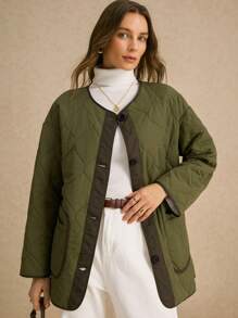Poéselle Women's Flannel Lined Padded Coat Jacket Contrast Color Pocket Front Button Long Sleeve Casual Fall Women Clothes Fall Winter Jacket Women Coats Basic Winter Clothes For Women Motorcycle Jacket Winter Fur Women Clothes Vintage Winter Coat Boho