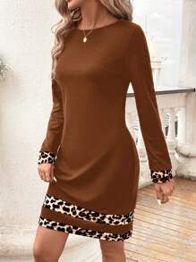 SHEIN Clasi Women's Autumn Long Sleeve Leopard Patchwork Dress