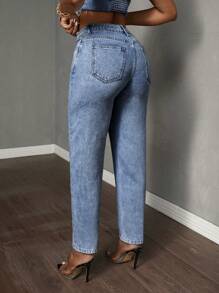 Slaydiva Jeans rectos con pernera entallada, parche de bolsillo y cintura asimétrica para mujeres