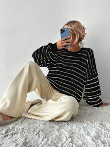 RueChic Women's Loose Knit Pullover Sweater With Round Neck And Long Batwing Sleeves, Striped, Autumn/Winter - Black and White - View 5