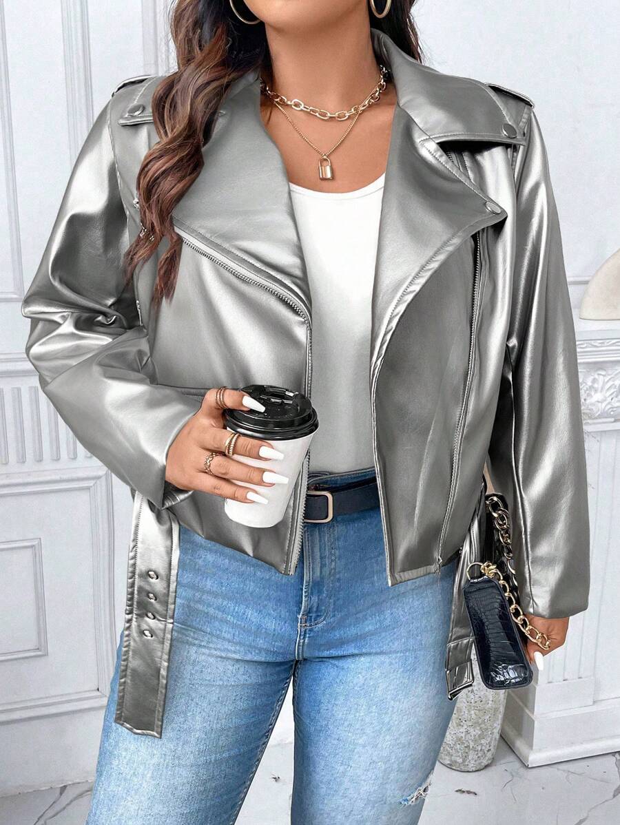 Calvaya Áo khoác ngắn cổ đứng tráng bạc cỡ lớn thời trang xuân thu cho nữ, mùa đông - Bạc - Xem 1