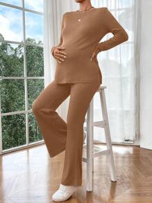 SHEIN 2pcs Maternity Crew Neck Long Sleeve Split Hem Top And Casual Pants Set