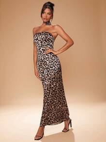 Hauture Satin Tube Leopard Dress With Rosette - Multicolor - View 6