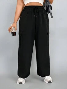 Flirla Plus Size Back-To-School Black Cargo Pants, Straight Leg, Elastic Waist With Drawstring - Black - View 3