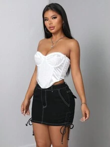 SHEIN SXY Women's Casual Side Drawstring Fitted Mini Denim Skirt, Summer - Black - View 5