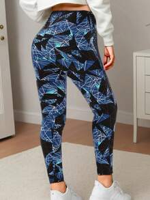 欧美风格女士休闲运动海军蓝色不对称条纹格子印花做旧图案紧身裤，适合健身、锻炼、跑步、瑜伽、体操、居家拉伸、深蹲、塑身、日常穿着、散步、骑自行车、户外探险，7/8 长度