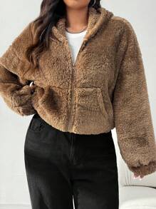 SHEIN EZwear Plus Size Reversible Hooded Jacket, For Winter - Khaki - View 5