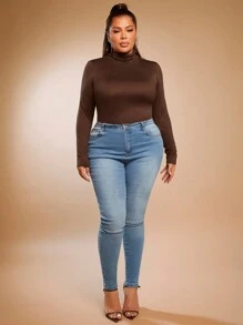 SHEIN SXY Plus Size Solid Color Slim Fit High-Necked Long Sleeve All-Match T-Shirt Basic Tees Fall - Brown - View 8