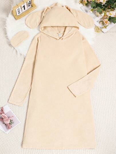 杏色纯色兔耳设计长袖舒适睡袍家居服睡衣适合少女