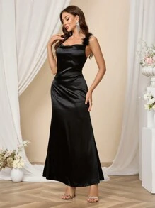 SHEIN Belle Shein Belle Women's Ball Solid Color Off-Shoulder Evening Dress, Shoulder Straps Are Sewn With Fur Strips, Comfortable, Simple And Fashionable, Elegant Prom Semi Formal Dress, For Birthday, Wedding Guest, Graduation Homecoming