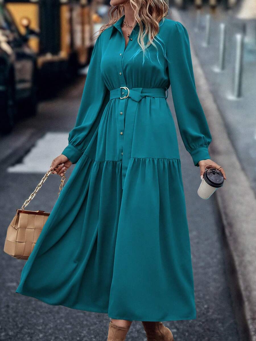 SHEIN LUNE Đầm sơ mi tay bồng màu trơn đơn giản cho nữ mùa xuân hè maxi trang phục nữ - Màu xanh bụi bặm - Xem 1