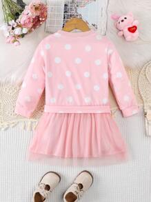 SHEIN Glamorique Kids 小女孩波点连衣裙2024新款儿童公主裙小女孩优雅休闲连衣裙春秋 - 粉色 - 查看 2