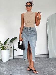 SHEIN Essnce 女士夏季休闲立领褶皱无袖紧身衣 - 卡其色 - 查看 6