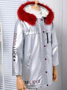 Tween Girl Metallic-Look Fluffy Collar Hooded Jacket, Winter - Silver - View 3