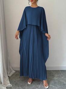Rafferiza Đầm Maxi Rộng Xếp Ly Cổ Tròn Cánh Dơi Màu Trơn Cho Nữ Trang Phục Nữ Thanh Lịch & Quyến Rũ - Màu xanh lam - Xem 6