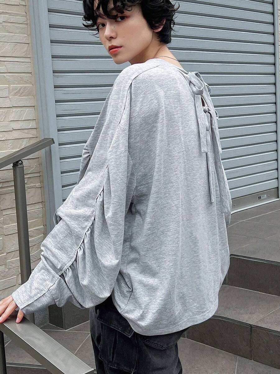 FRIFUL Áo thun nữ cổ tròn màu trơn có dây rút xếp li dài tay - Xám - Xem 1
