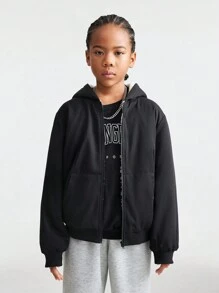 SHEIN Tween Girls Daily Wear Clothes Black Zip Up Hooded Bomber Jackets,Fall/Winter For Halloween Outfits - Black - View 5