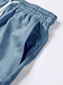 Manfinity Homme 2pcs Men's Solid Color Crew Neck Short Sleeve Casual T-Shirt And Drawstring Waist Cargo Shorts Set - Dusty Blue - View 5