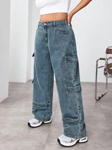 SHEIN ICON Quần Jeans Ống Rộng Rộng Nhiều Túi Thường Ngày Cho Nữ Cỡ Lớn - Màu xanh bụi bặm - Xem 1