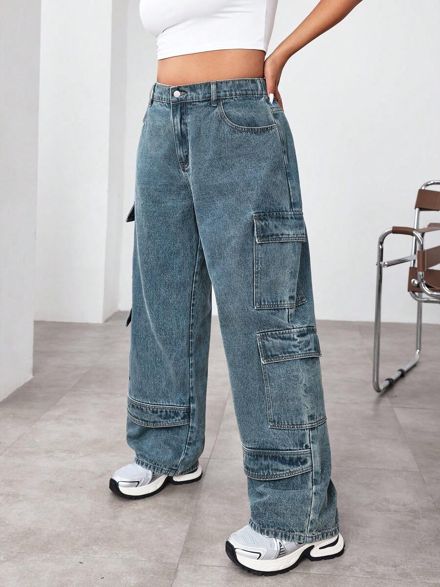 SHEIN ICON Quần Jeans Ống Rộng Rộng Nhiều Túi Thường Ngày Cho Nữ Cỡ Lớn - Màu xanh bụi bặm - Xem 1