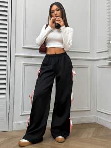 SHEIN EZwear 春夏季甜美可爱的粉色蝴蝶结腰带裤 - 黑色 - 查看 3