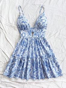 Soleia Women's Backless White And Blue Floral Splice Ruffle Hem Mini Dress,Vacation Holiday Holiday,Renaissance Cottage Core Dresses No Chest Padding - Blue and White - View 2
