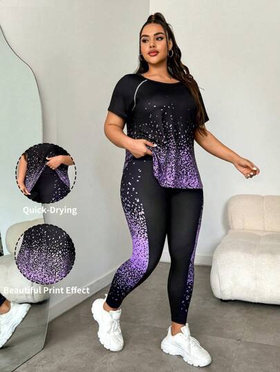 SHEIN Rhythm Era Plus Size Women's Shiny Printed Crew Neck Short Sleeve T-Shirt And Pants Sports Suit, Summer Workout Women Sets